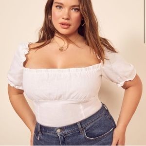 Reformation White 100% Linen Salina Top puff sleeve crop top size 16